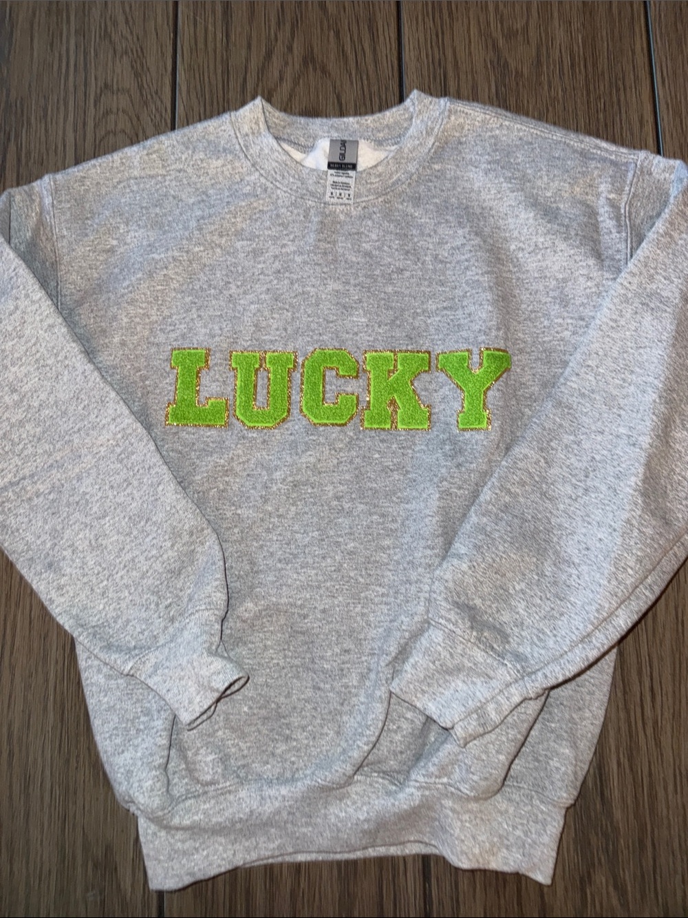 Gildan Gray Sweatshirt with Neon Green "LUCKY" Applique